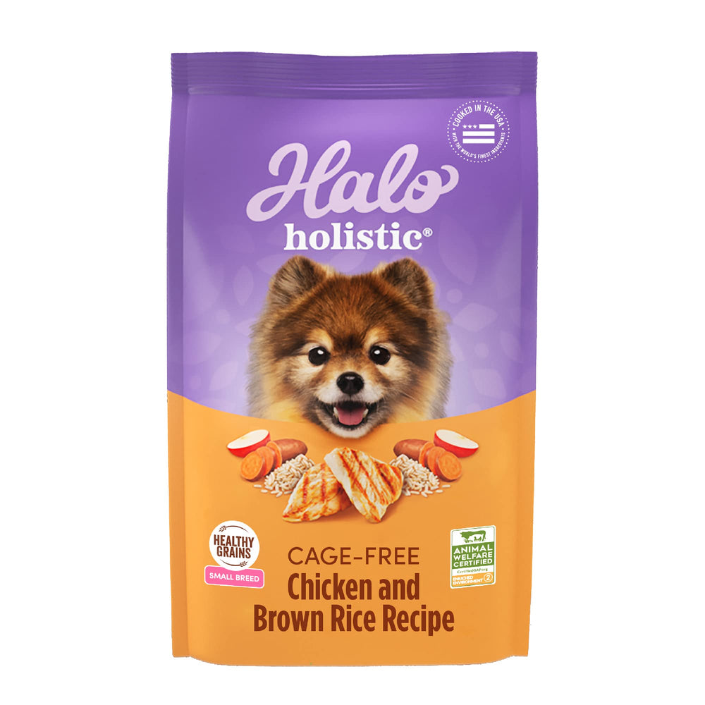 Halo small-breed dry dog food chicken brown rice image showcases cage-free protein for easy digestion.