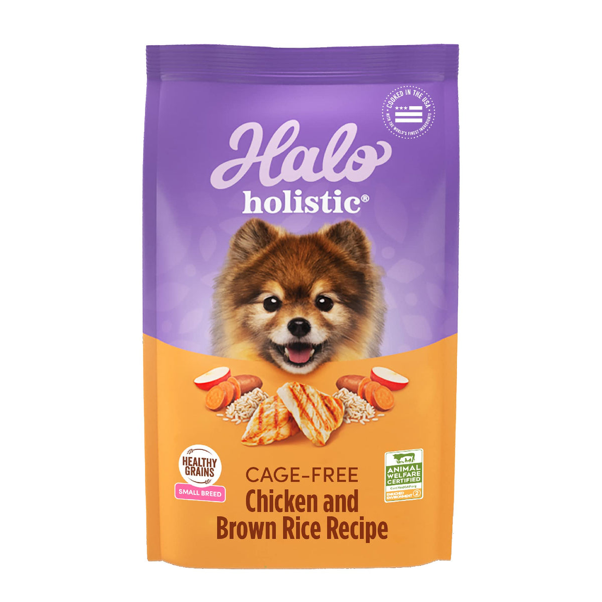 Halo small-breed dry dog food chicken brown rice image showcases cage-free protein for easy digestion.