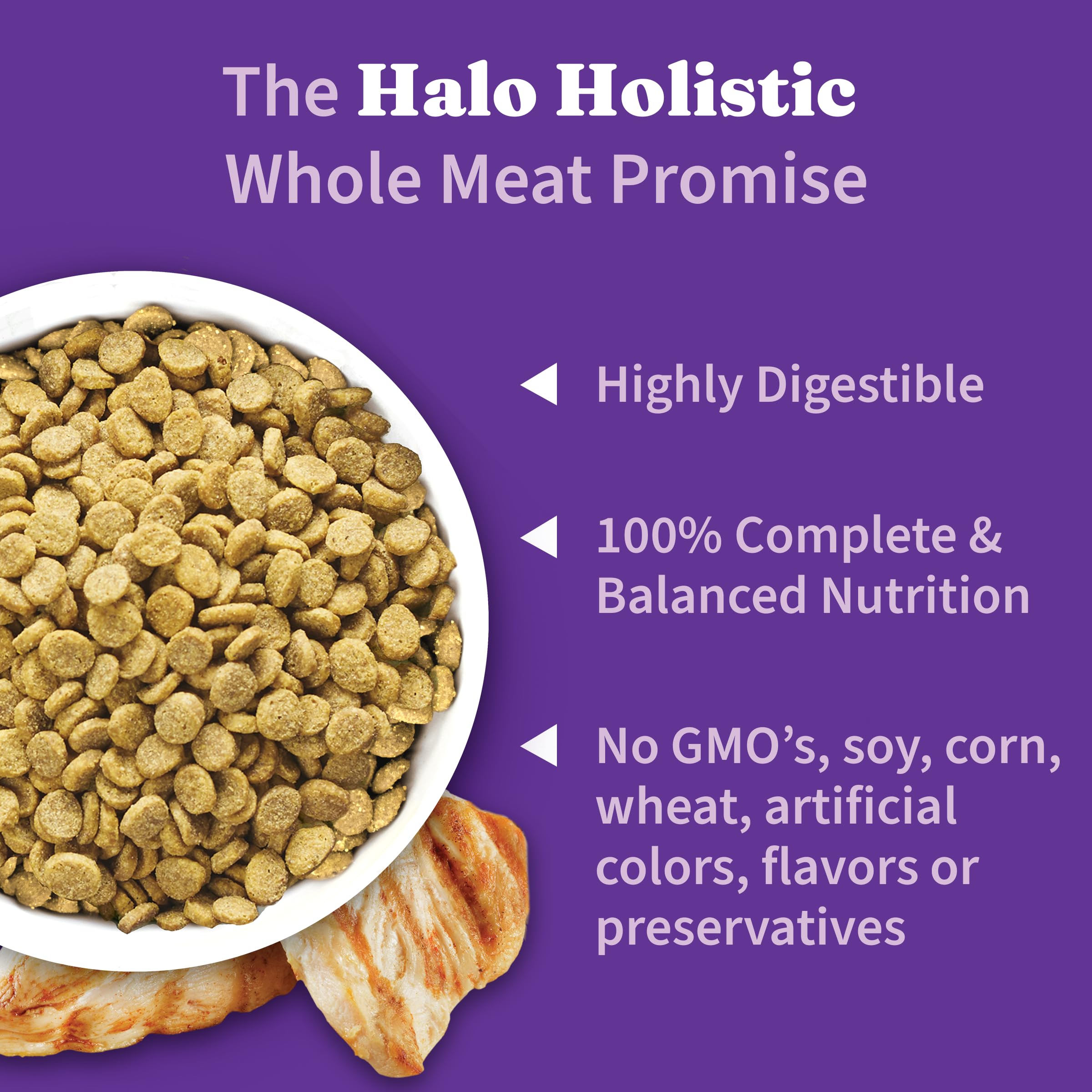 Halo US-made dry dog food image emphasizes quality ingredients cooked in the USA.