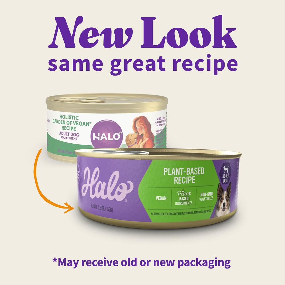 Halo vegan dog food can closeup showcasing convenient meal option