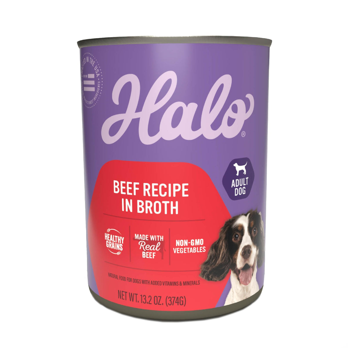 Halo wet dog food beef stew cans showing real beef for a flavorful meal