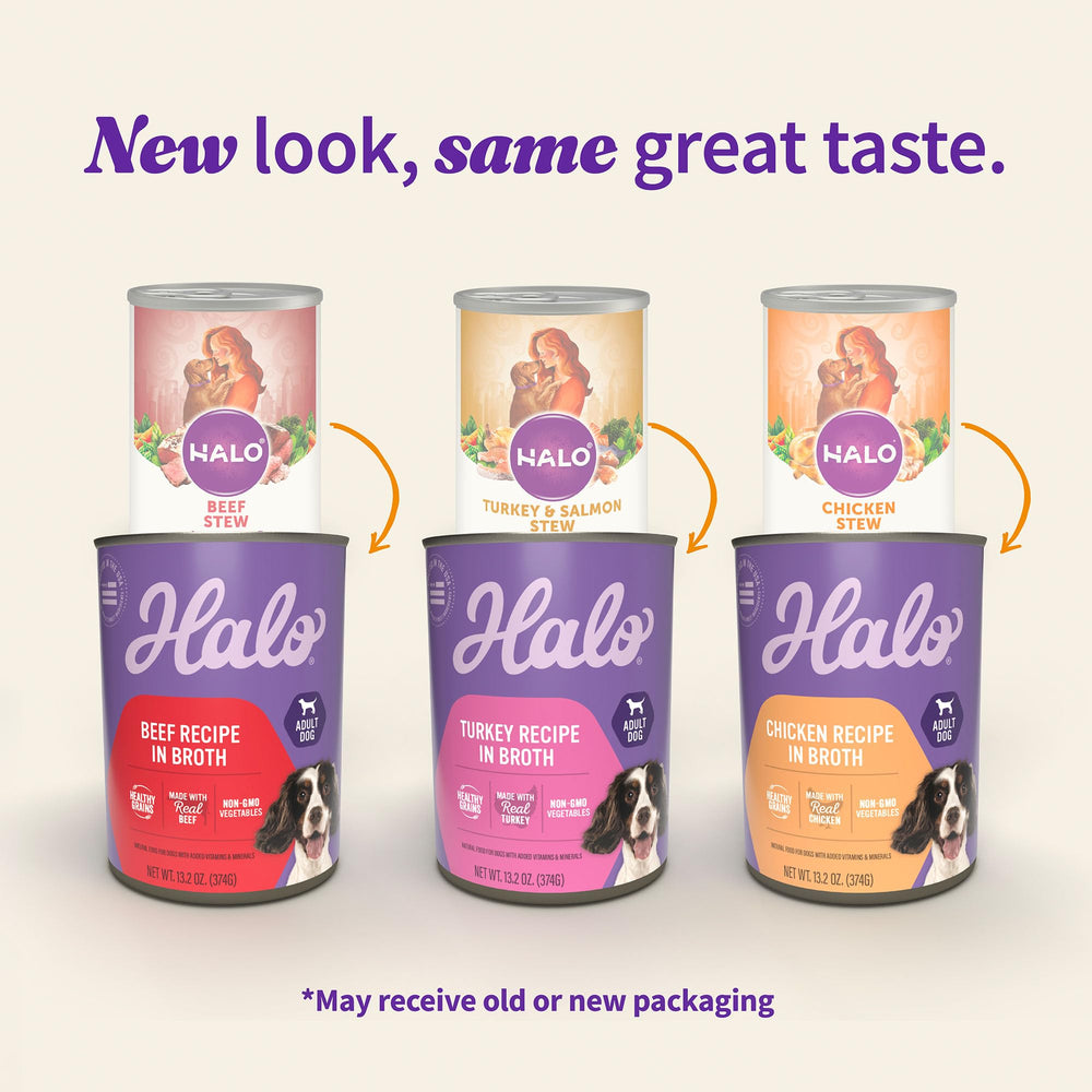 Halo wet dog food variety-pack cans show three stews for meal variety.