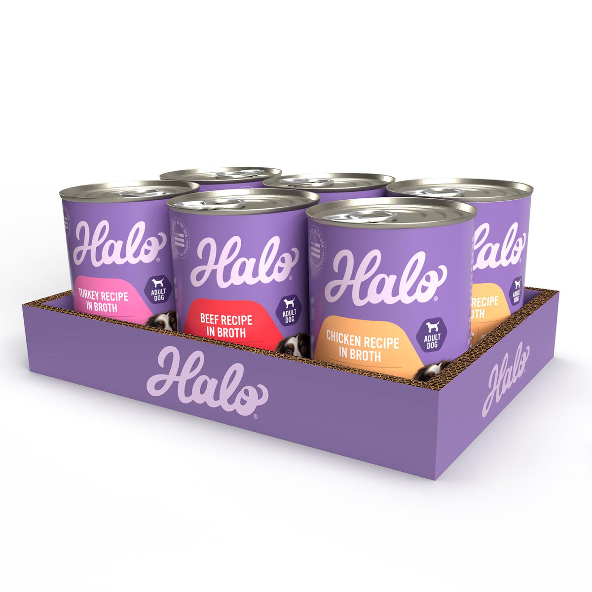Halo wet dog food variety-pack packaging highlights eco-friendly cans for dogs.