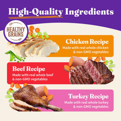 Halo wet dog food whole-meat chicken-stew close-up with tender chunks.