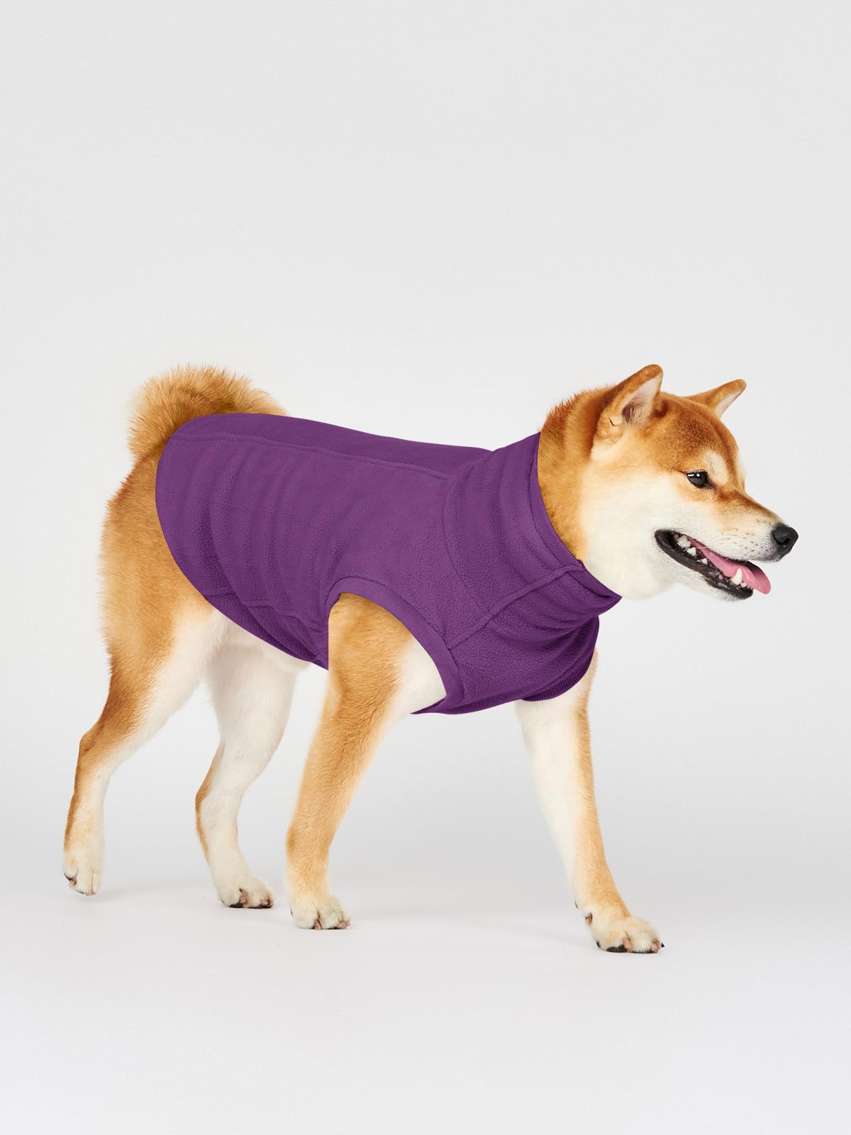 Haloumoning fleece dog sweater back view demonstrates secure fit with ribbed cuffs.