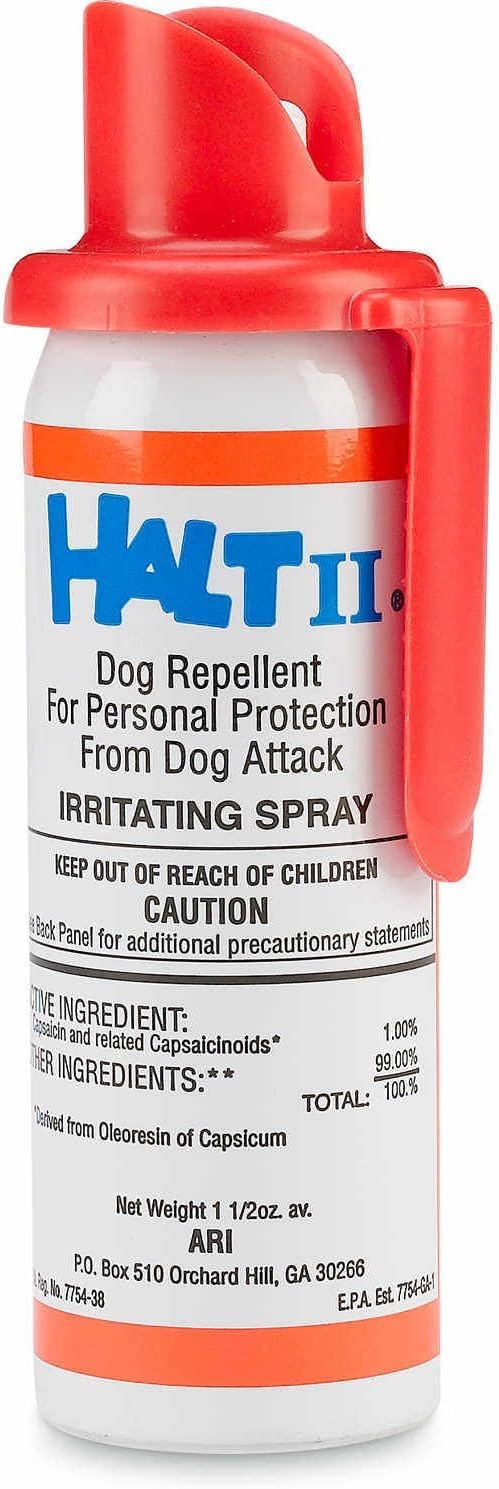 HALT II dog repellent spray canister ready for quick defense during dog encounters