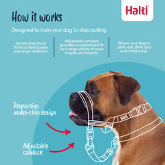Halti OptiFit cheek straps contour to a dog's face for secure, stable control.