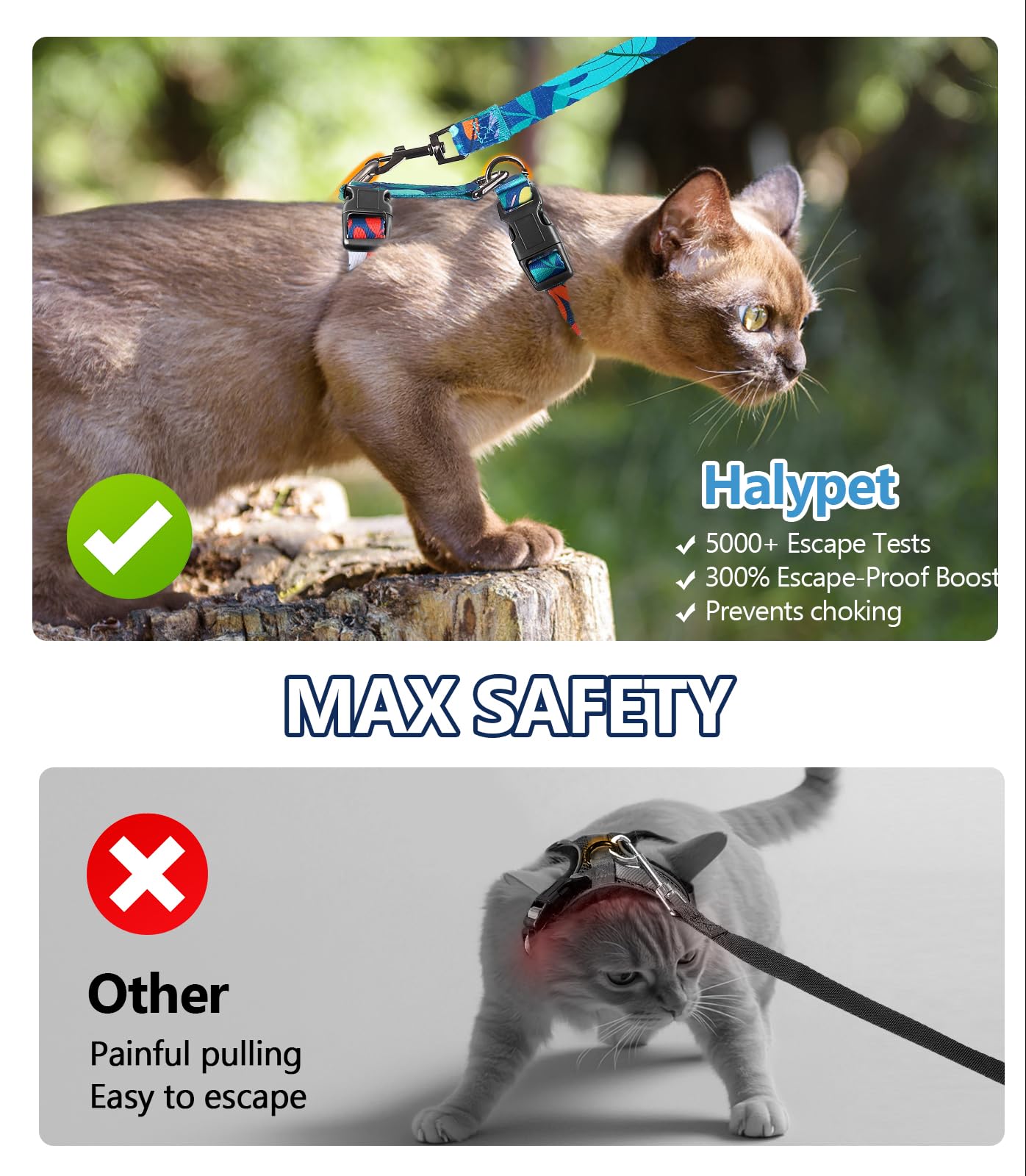 Halypet harness abdomen D-ring disperses tension for safer pulling.