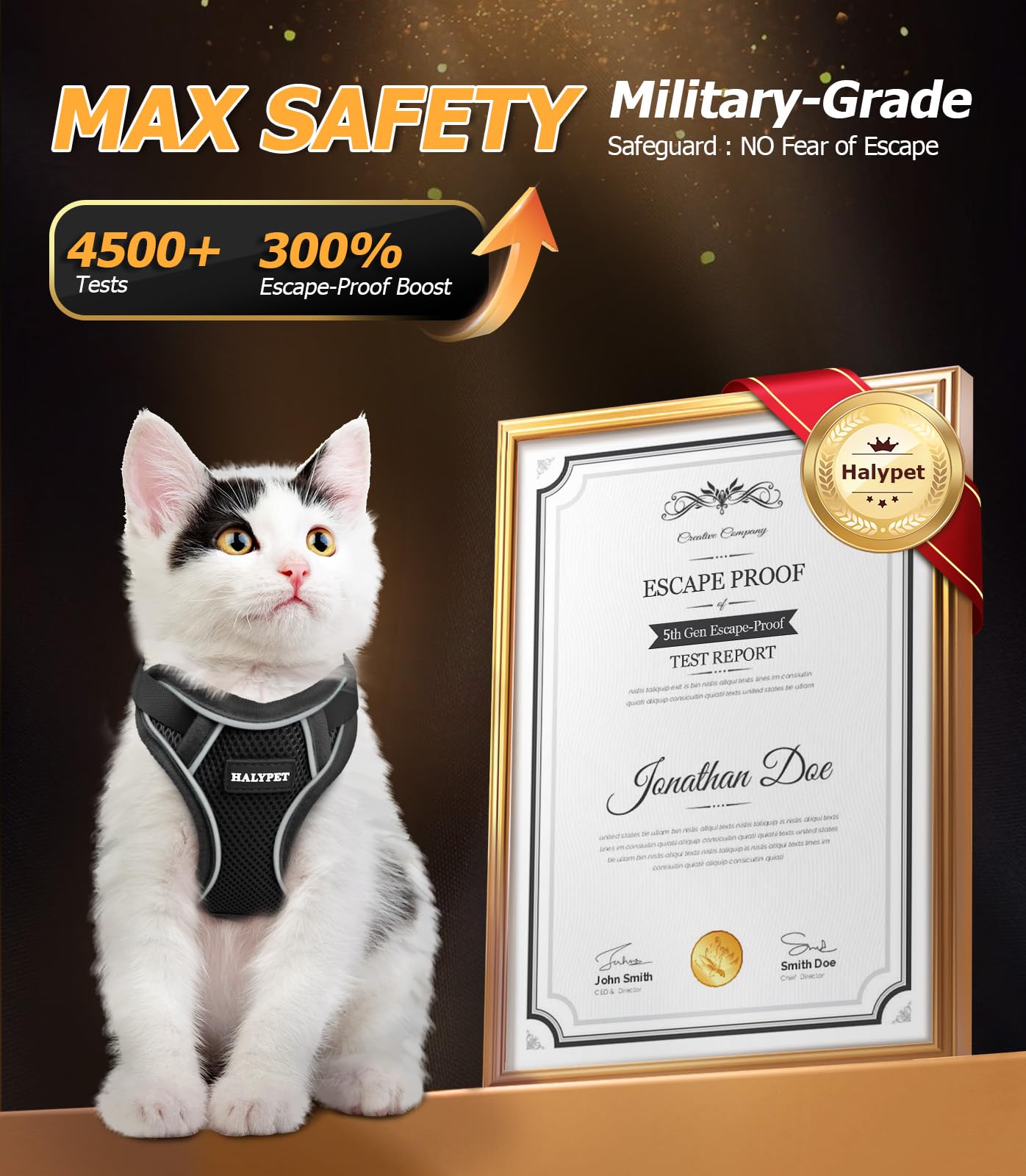 Halypet H600 Pro harness back view highlights reflective strip for visibility.