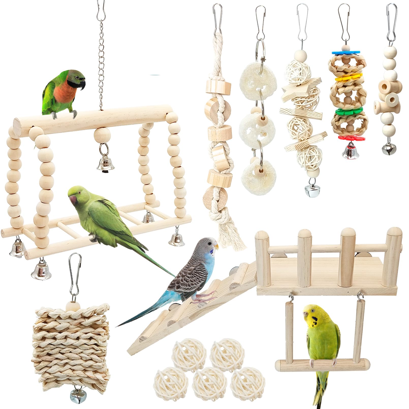 Hamiledyi 13Pcs parrot swing toy set mounted in cage for climbing and chewing