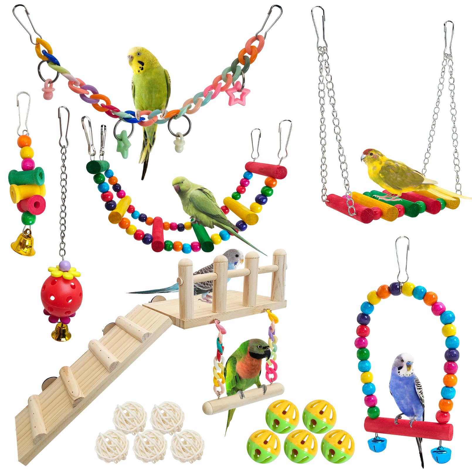 Hamiledyi 17pcs parrot swing toys perches in cage for active play and climbing.