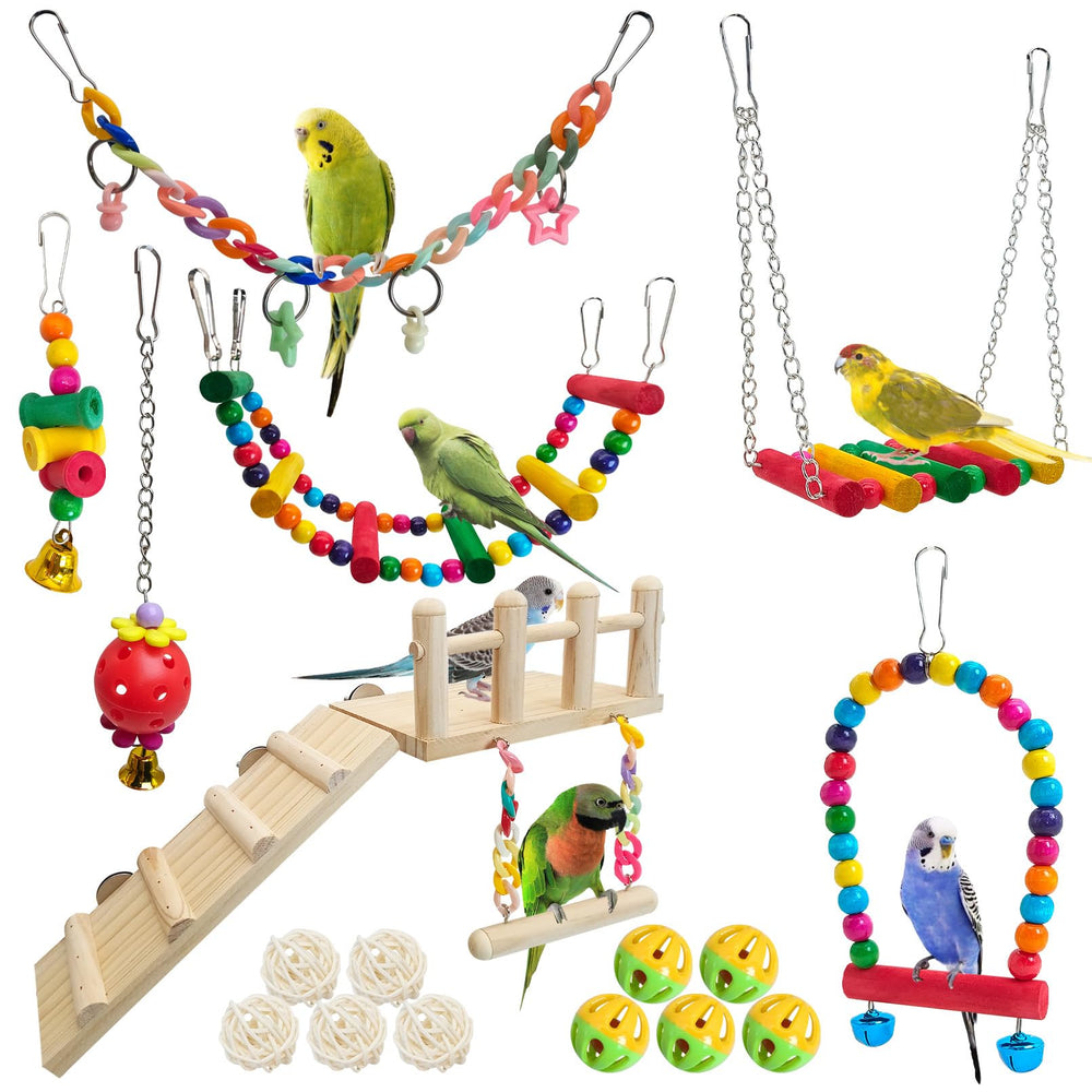 Hamiledyi 17pcs parrot swing toys perches in cage for active play and climbing.