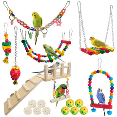 Hamiledyi 17pcs parrot swing toys perches in cage for active play and climbing.