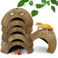 Hamiledyi 7-pcs reptile coconut hideouts pack huts offering secure hides for small reptiles.