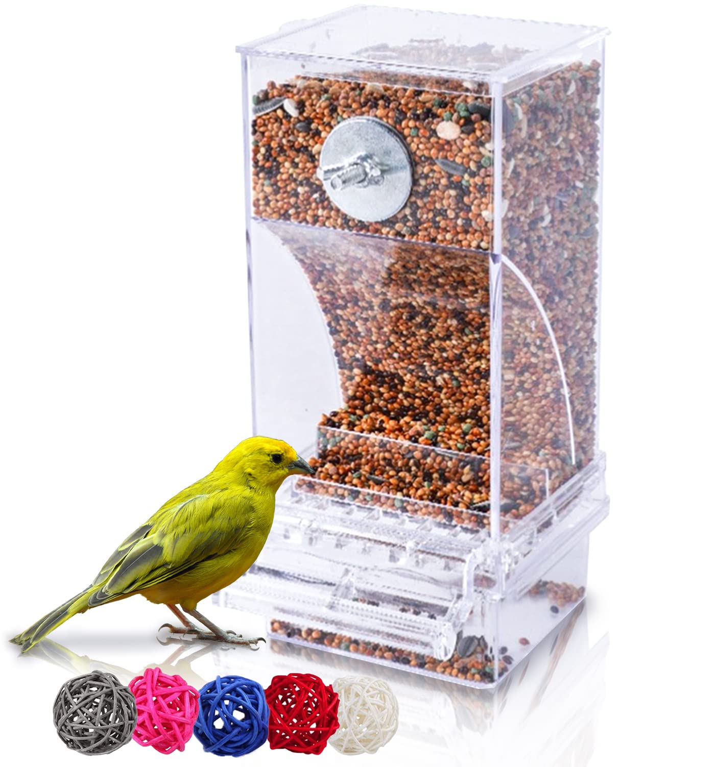 Hamiledyi automatic parrot feeder with transparent container for easy seed monitoring.
