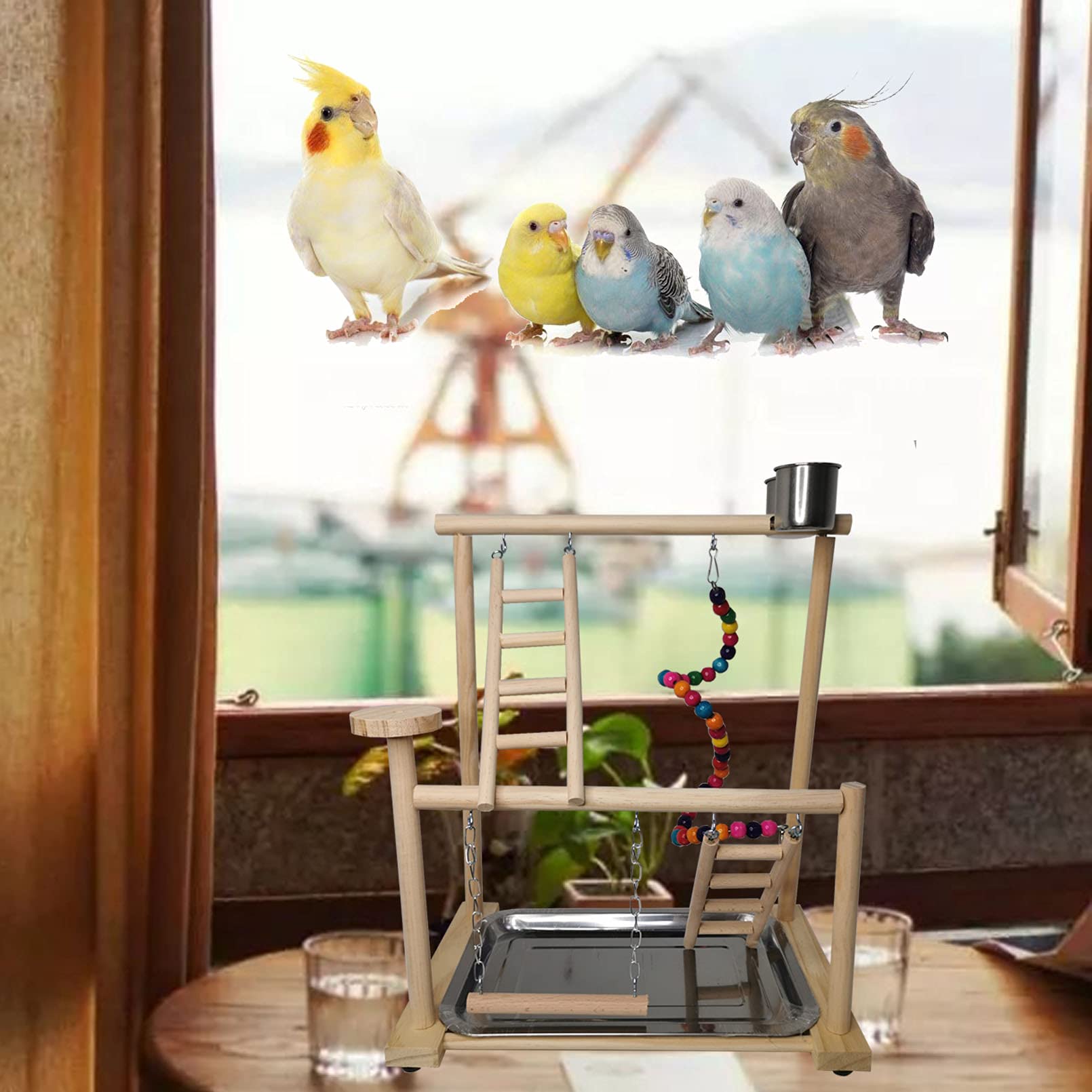 Hamiledyi bird play gym wood perch stand with revolving ladders for climbing exercise.
