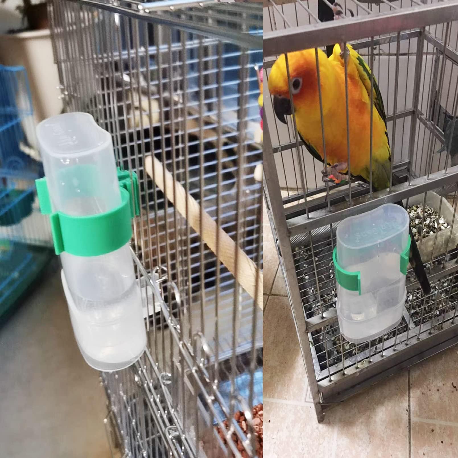 Hamiledyi bird-seed container three-adjustable-positions shows cage compatibility across models.