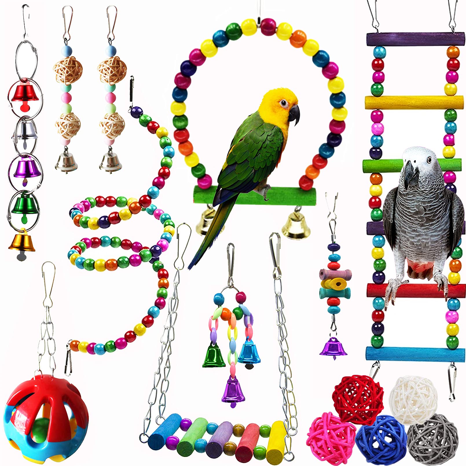 Hamiledyi 15-pack bird toy set with vibrant hanging toys for parrots and small birds.