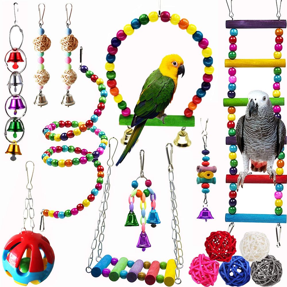 Hamiledyi 15-pack bird toy set with vibrant hanging toys for parrots and small birds.