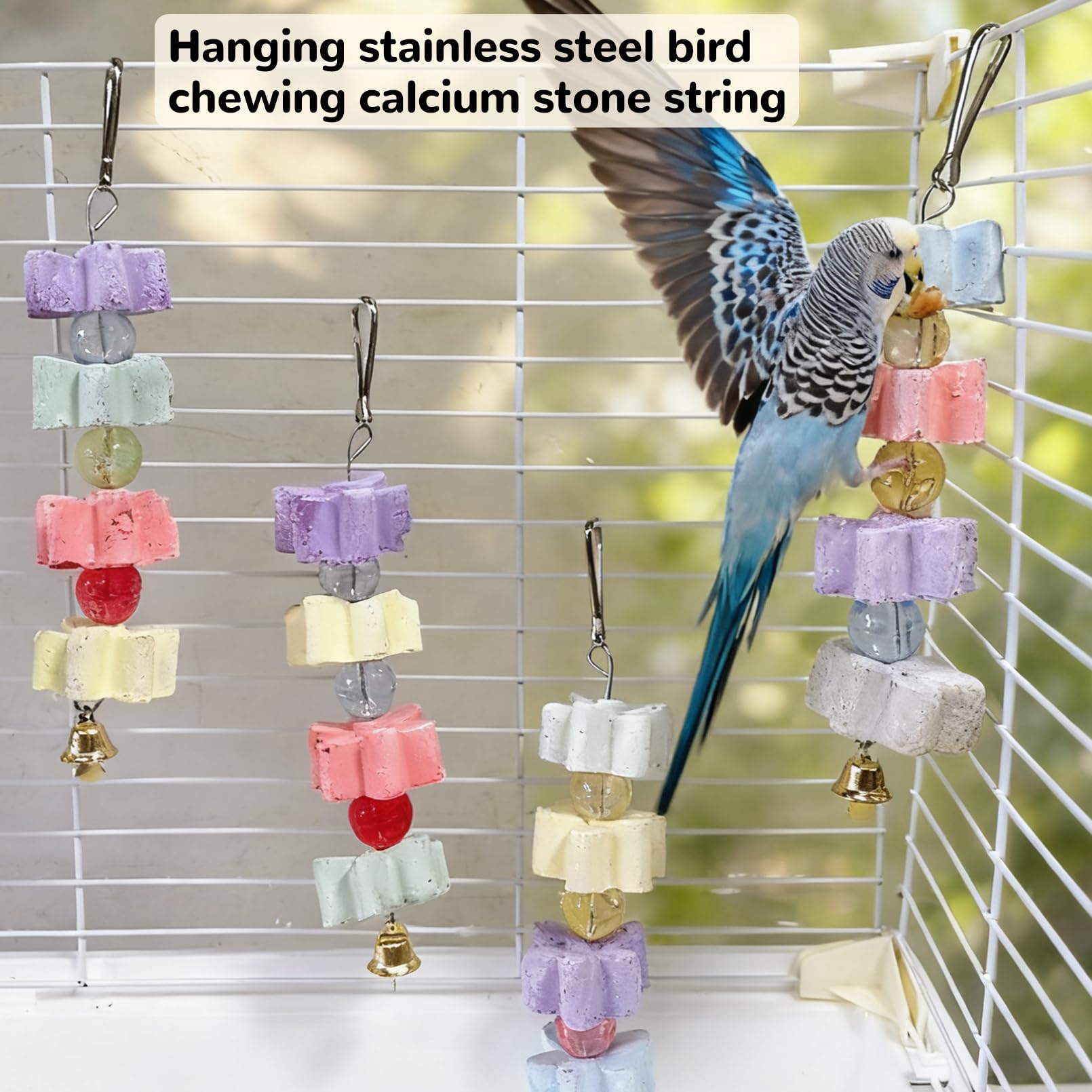 Hamiledyi calcium-blocks hanging in cage for convenient chewing