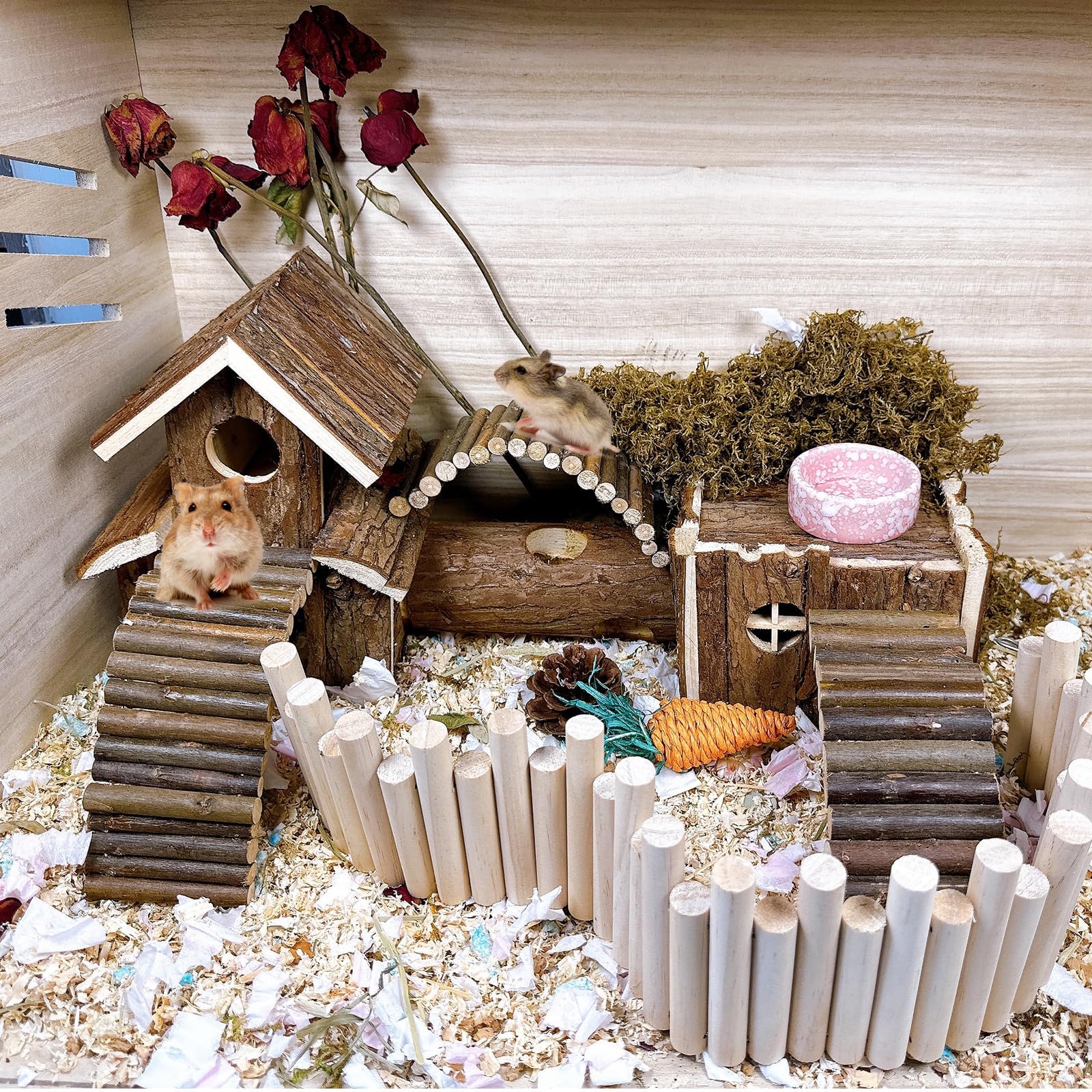 Hamiledyi dwarf hamster enrichment – wooden playset supports mental stimulation.