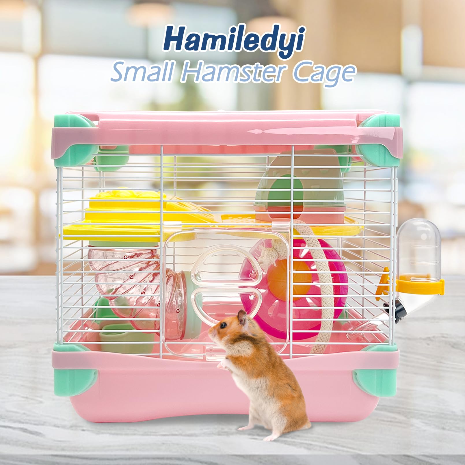 Hamiledyi hamster cage compact dimensions indicate space-saving travel cage.