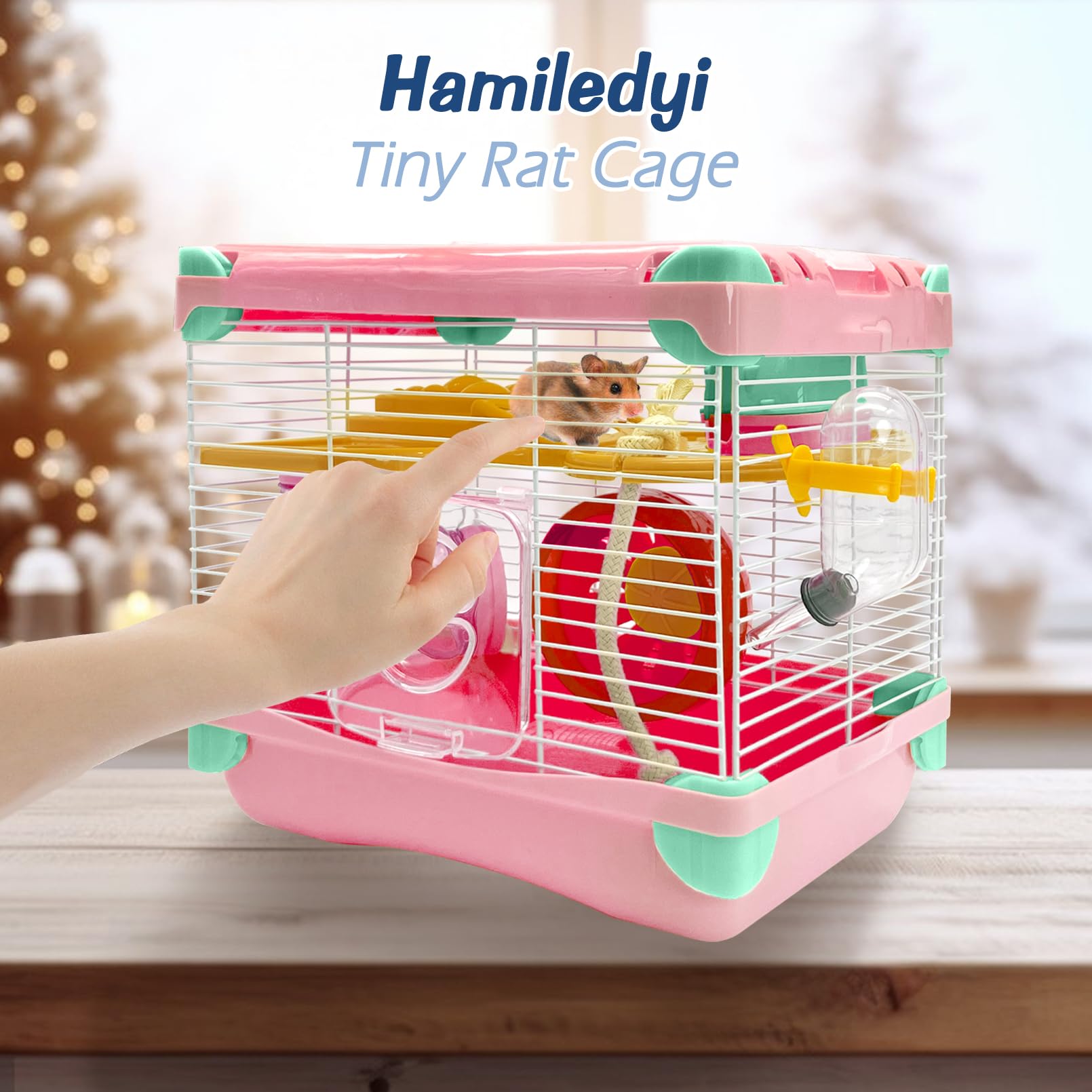 Hamiledyi hamster cage running wheel demonstrates built-in exercise option.