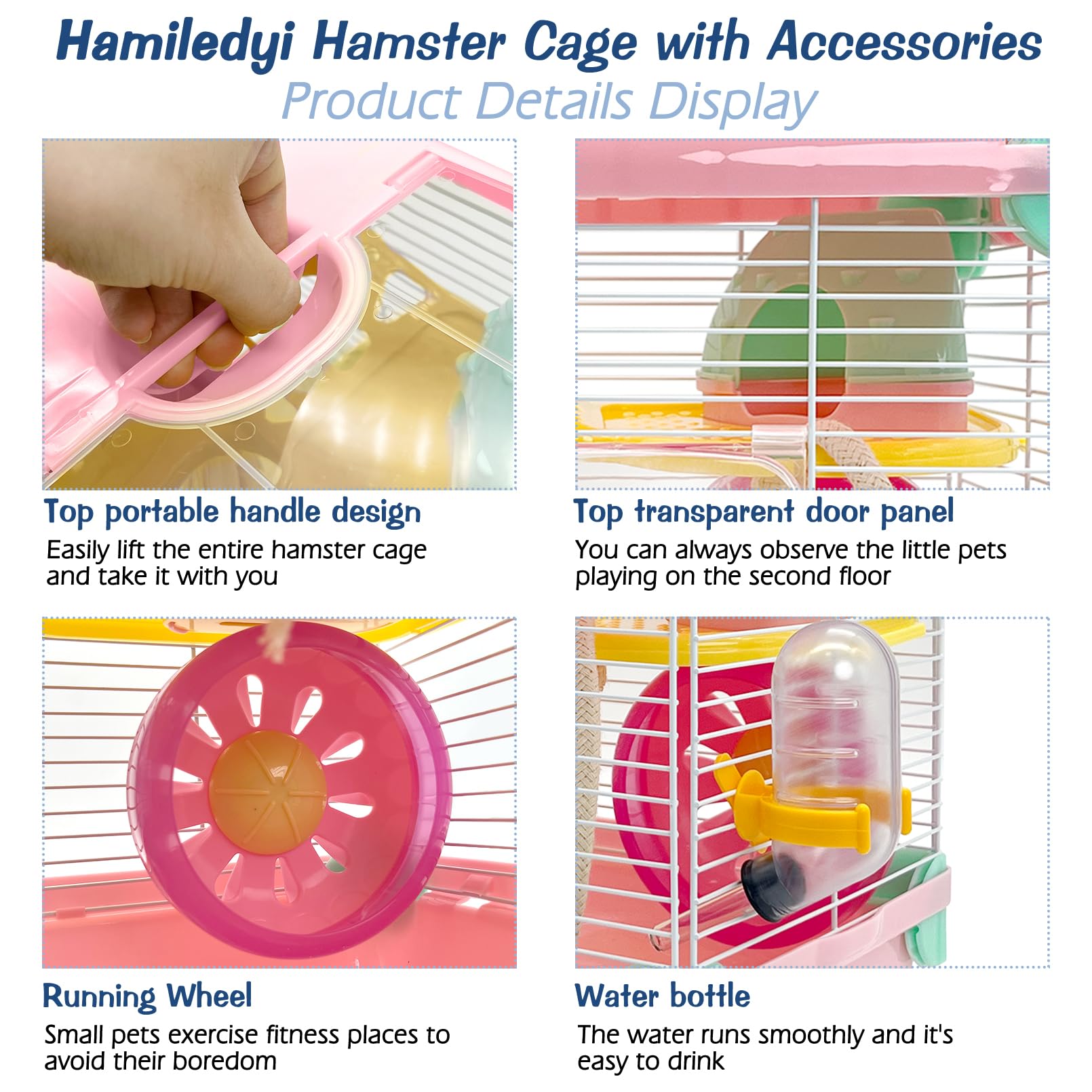 Hamiledyi hamster cage side view shows portable, ventilated design for tiny pets.