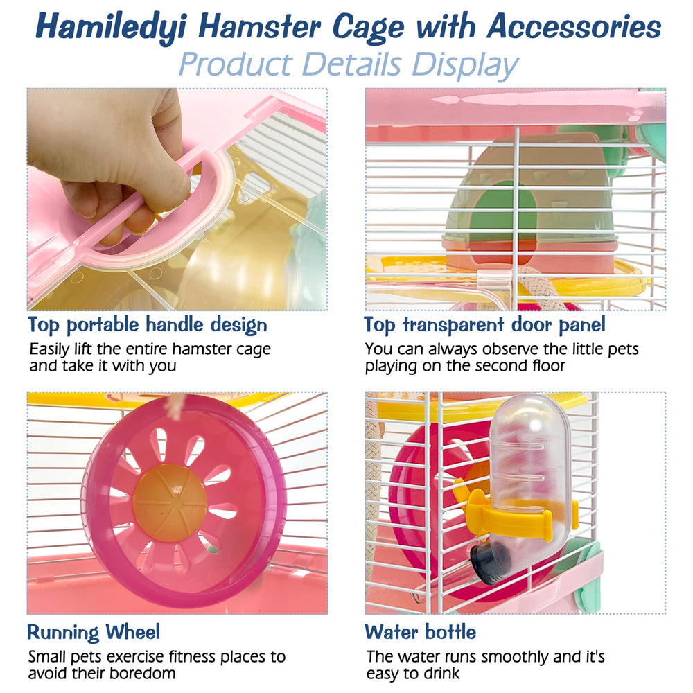 Hamiledyi hamster cage side view shows portable, ventilated design for tiny pets.