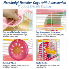 Hamiledyi hamster cage side view shows portable, ventilated design for tiny pets.