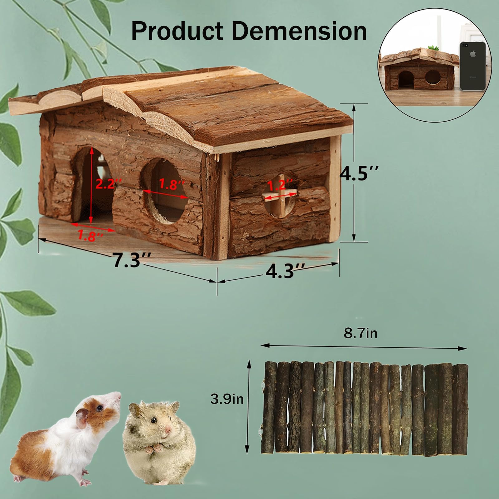 Hamiledyi hamster hideout in-use demonstrates wood habitat during play