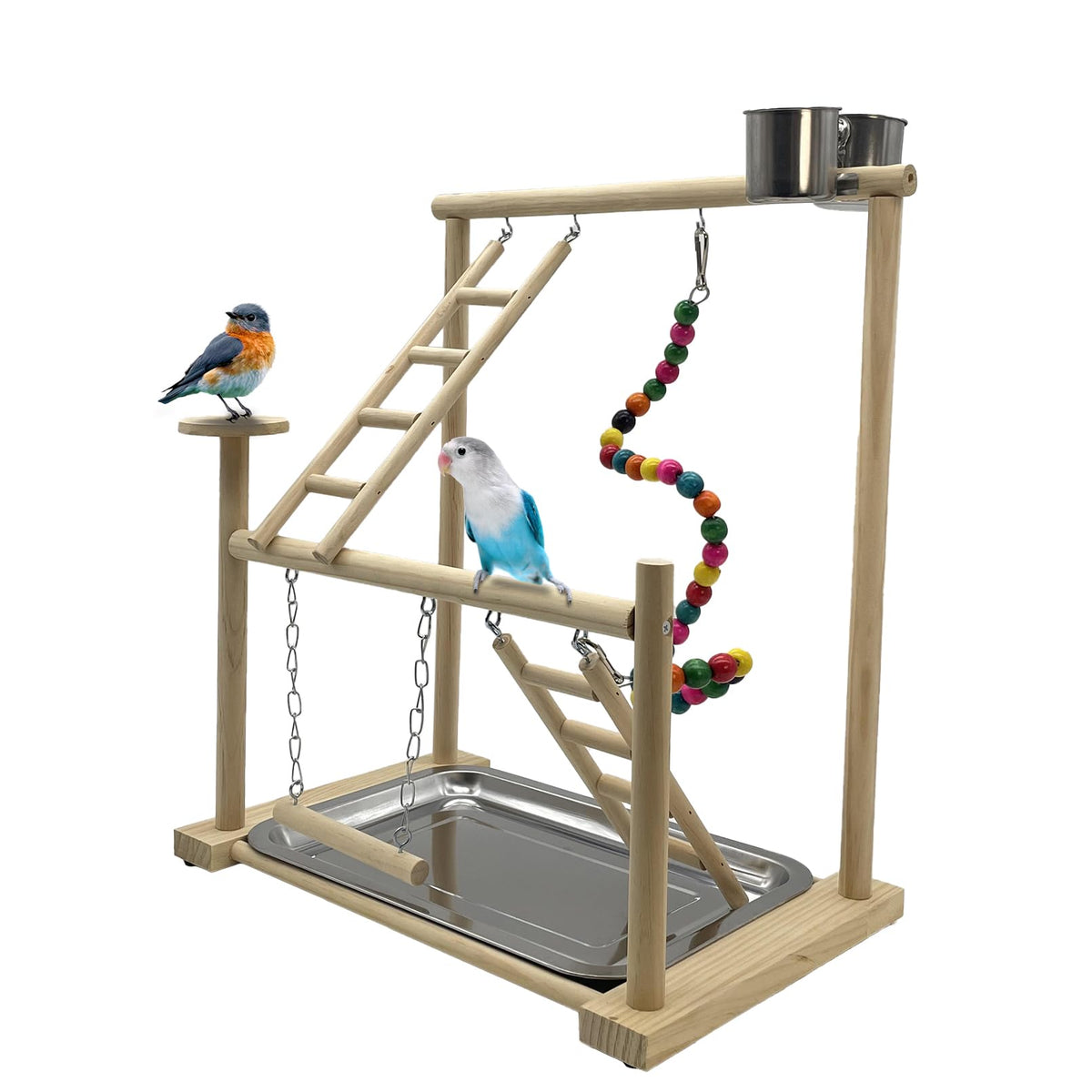 Hamiledyi parrot playground assembly scene shows sturdy wood perch for desk setup.