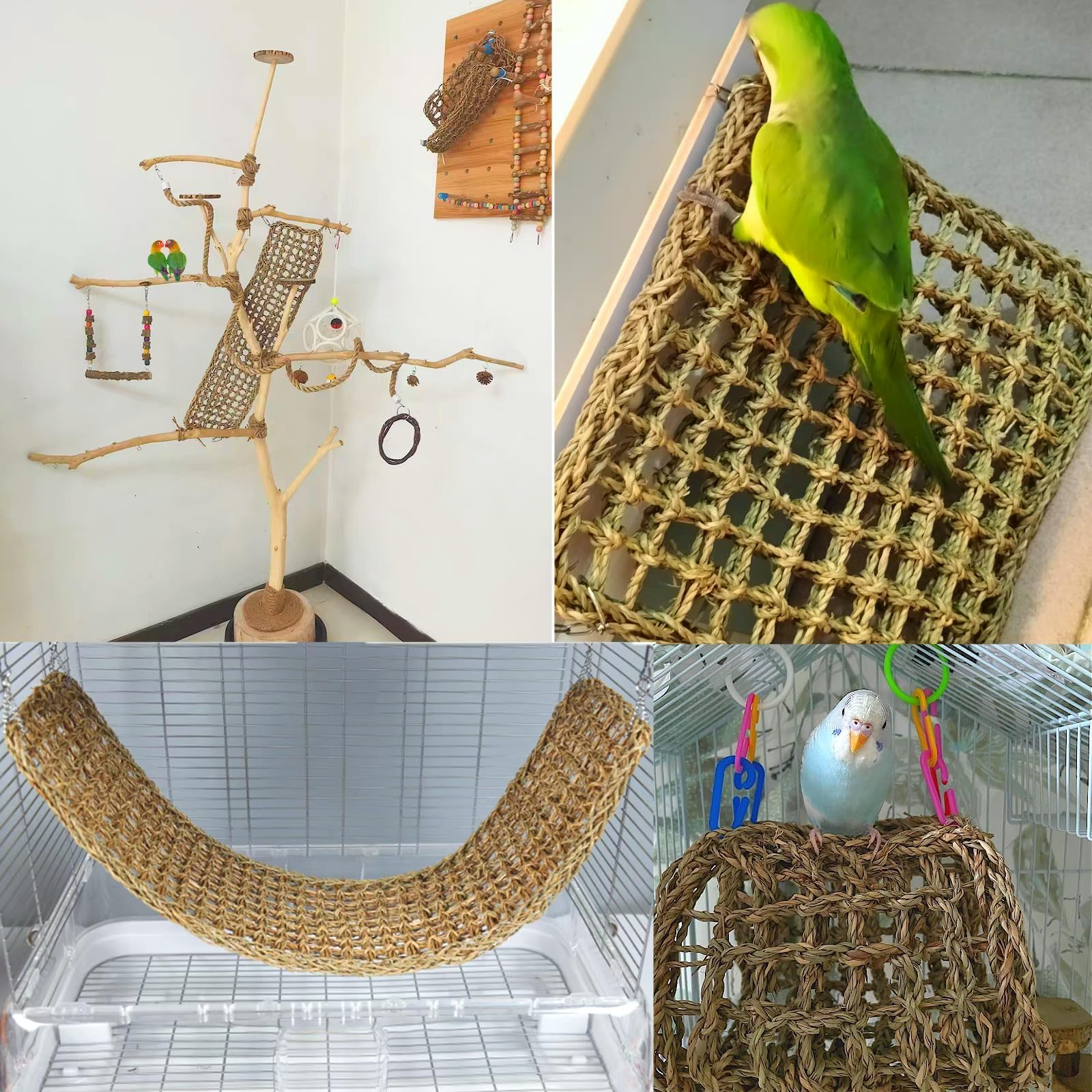 Hamiledyi seagrass hammock net for birds supports play and balance.