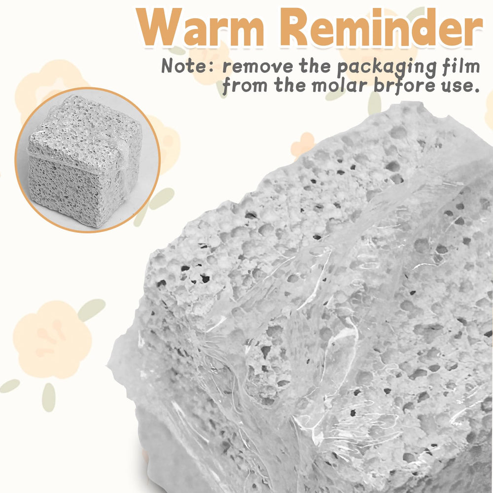 Hamiledyi small-animal enrichment scene shows rabbit and guinea pig enjoying bite-friendly lava blocks.