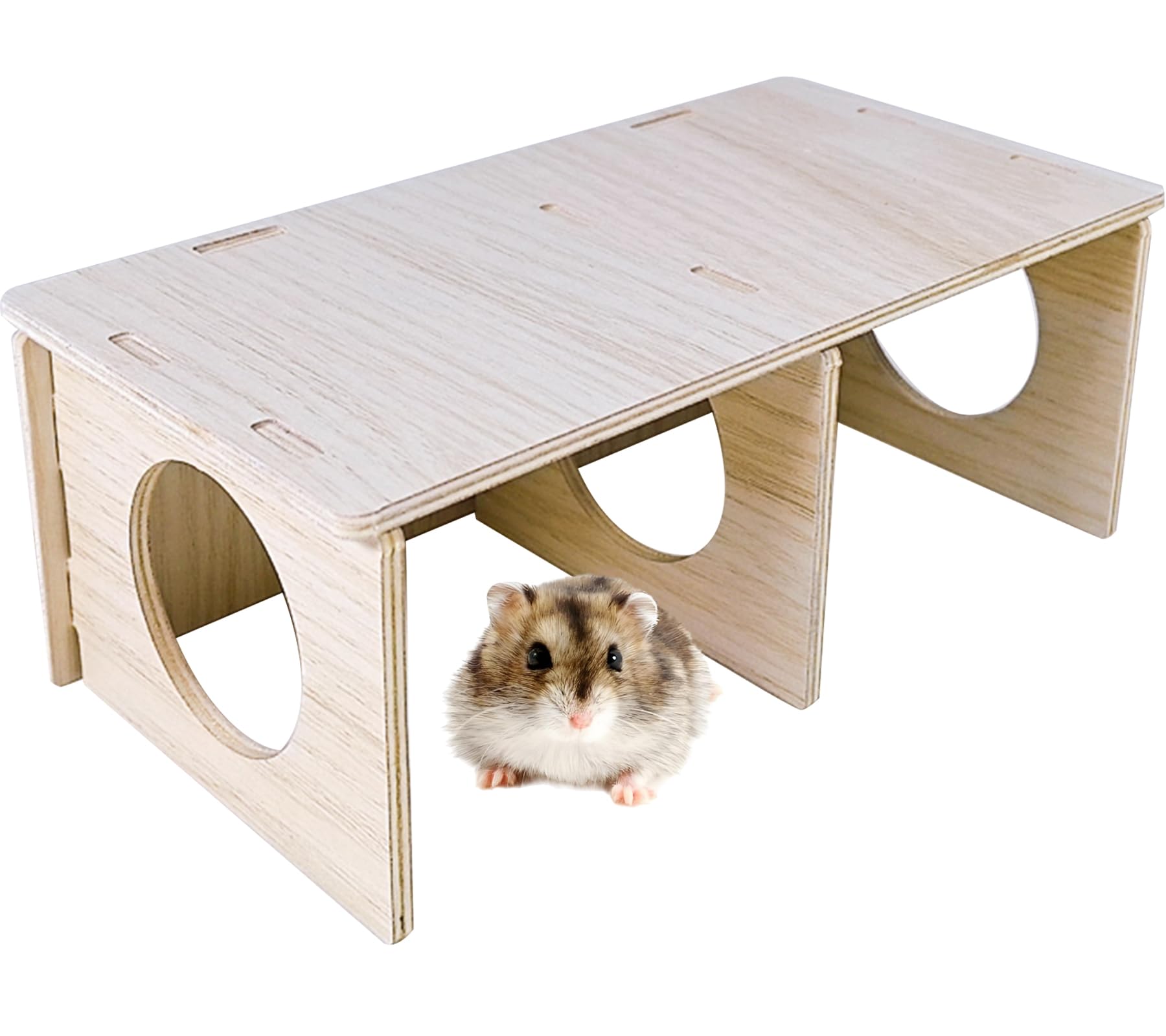 Hamiledyi wooden hamster hideout front view shows two chambers for safe hiding and exploration.