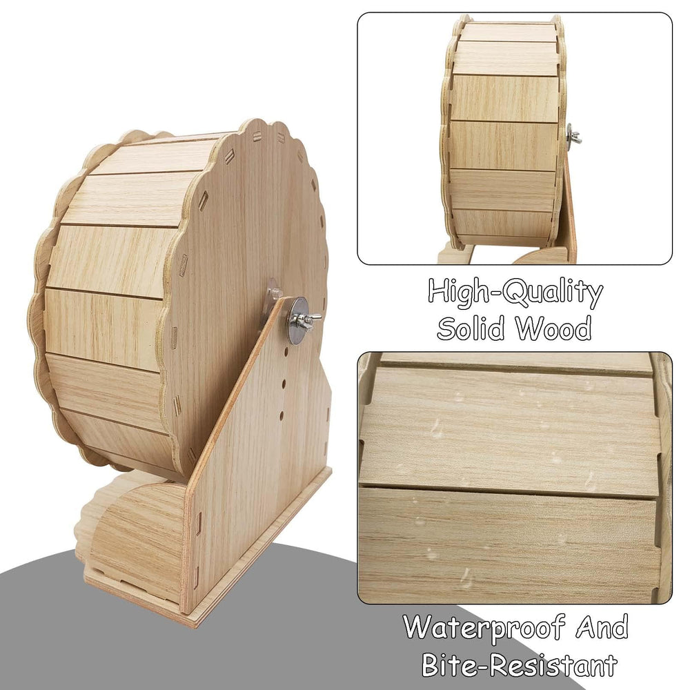 Hamiledyi wooden wheel in use with small rodent highlights natural exercise routine.