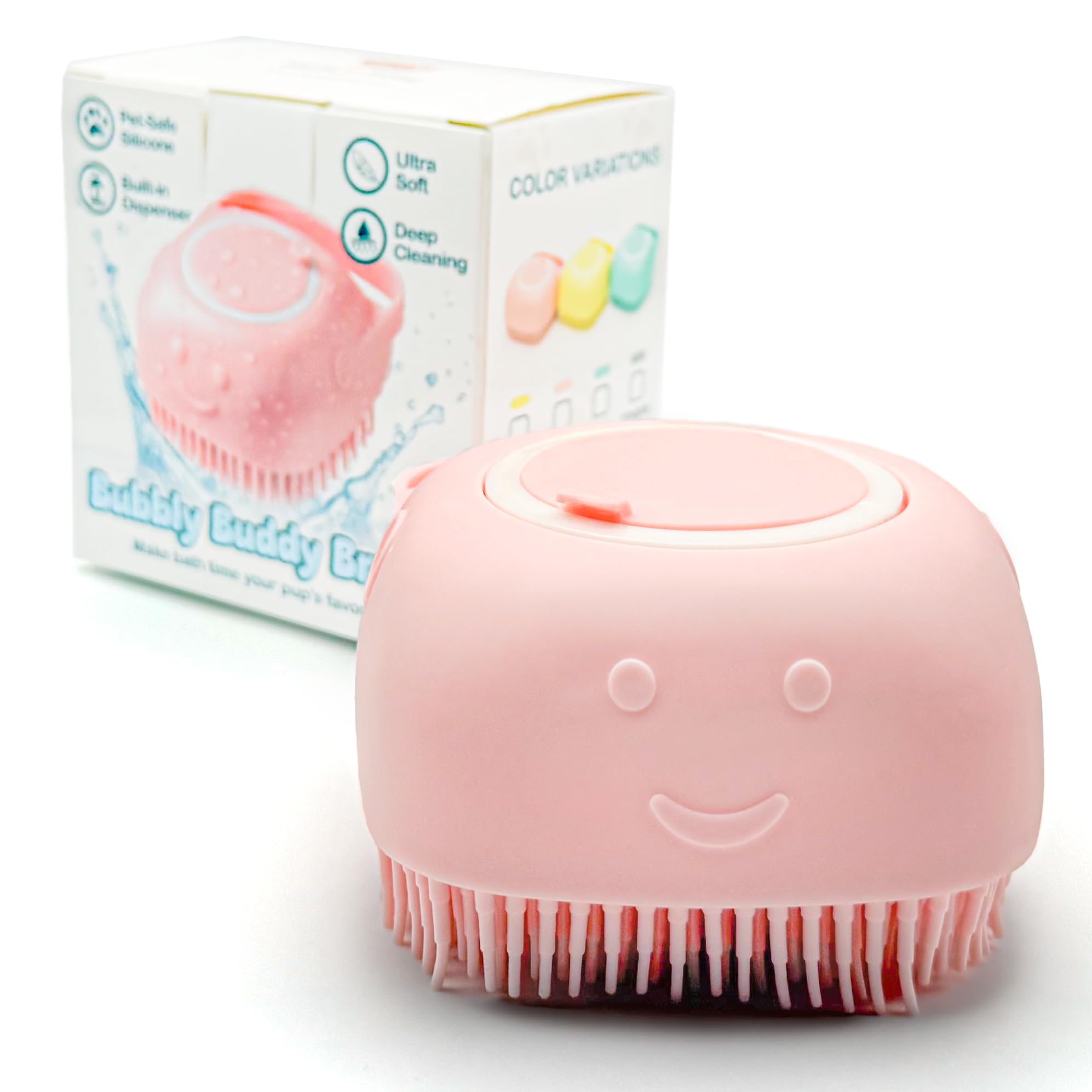 HamInWay dog bath brush built-in shampoo container for easy sudsing during baths.
