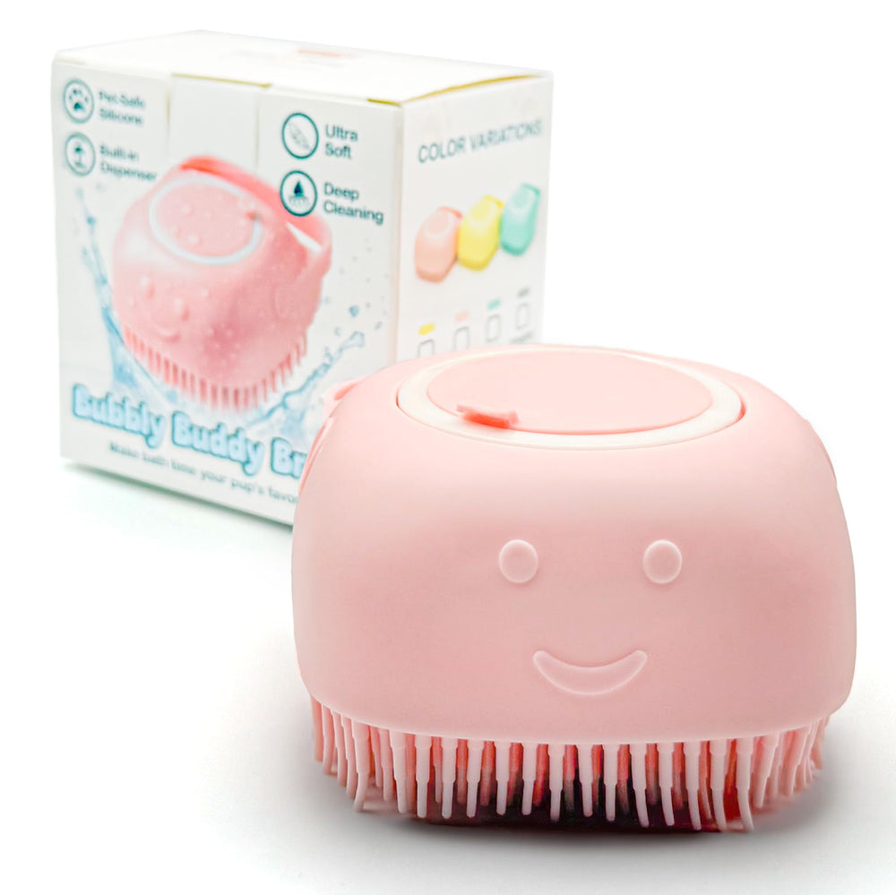 HamInWay dog bath brush built-in shampoo container for easy sudsing during baths.