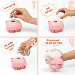 HamInWay dog bath brush handle grip demonstrates anti-slip comfort during baths.