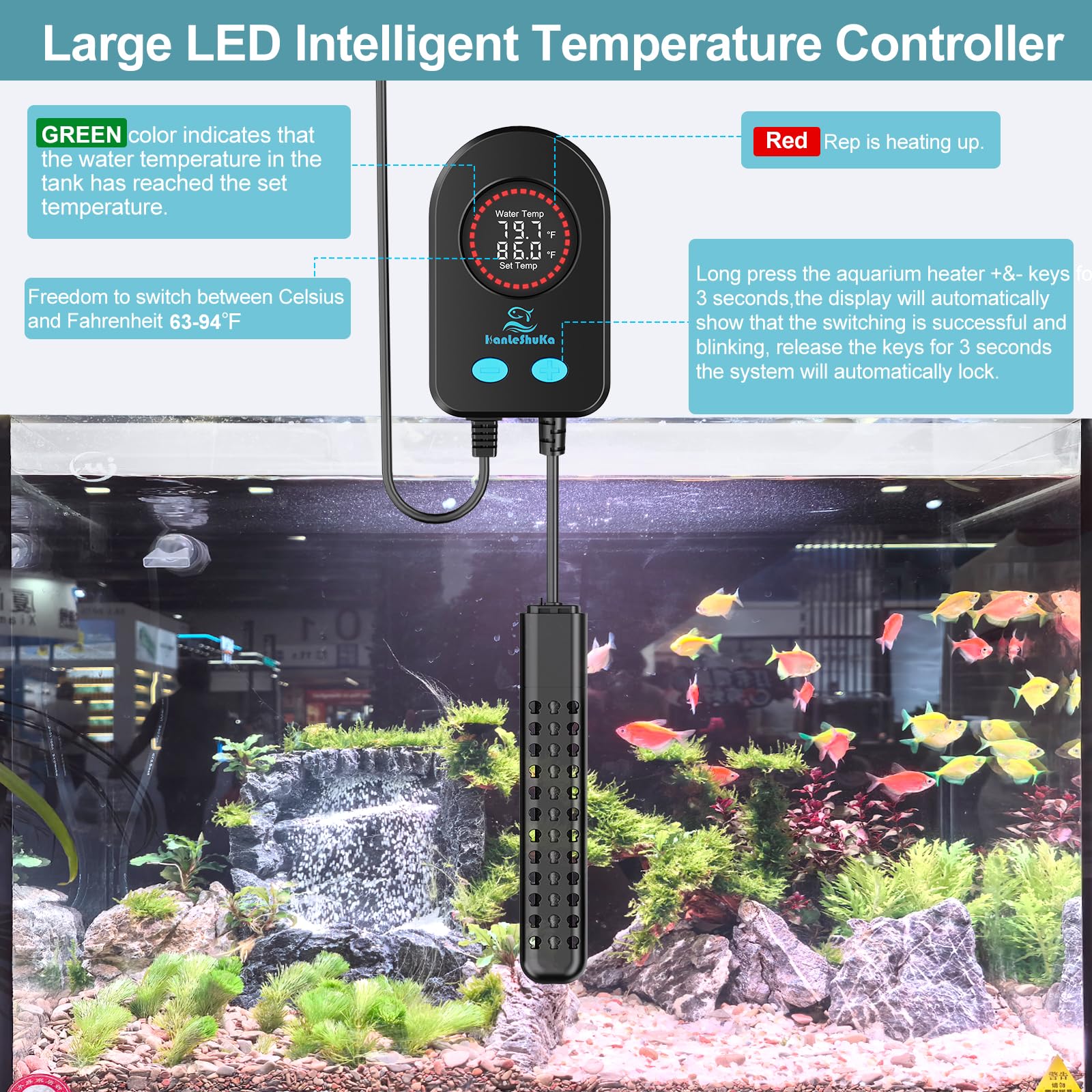 HANLESHUKA submersible heater LED indicator shows red during heating and green at target