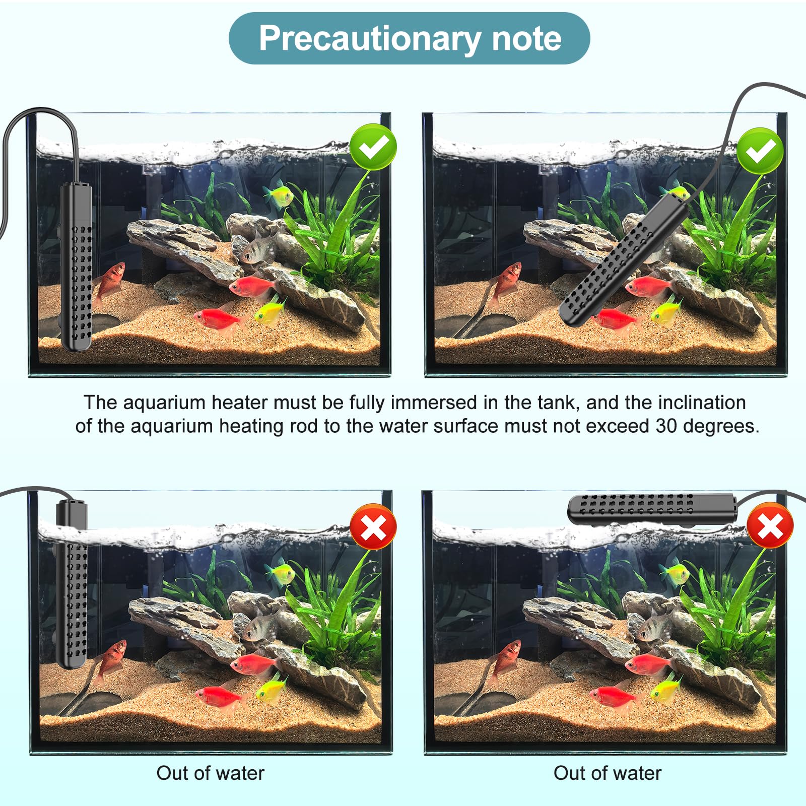 HANLESHUKA submersible heater with suction cups secures on tank walls for stable use