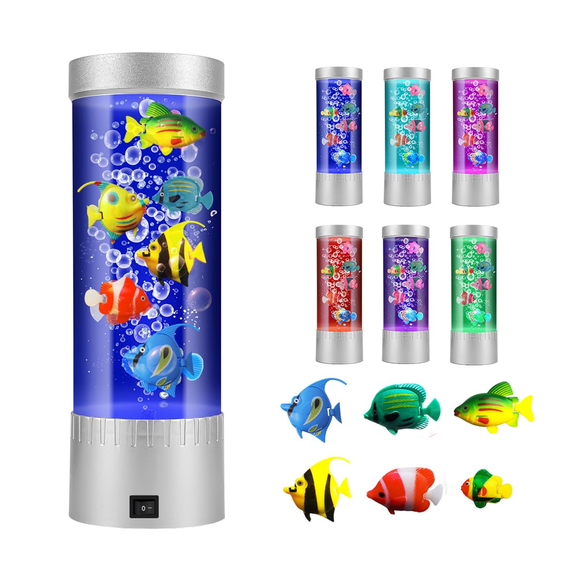 Handsbrain Bubble Fish Lamp showing six fish swimming in a clear tank for calming decor and play