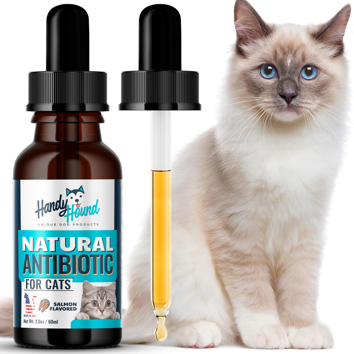 Handy Hound antibiotics for cats bottle featuring natural ingredients and allergy relief potential