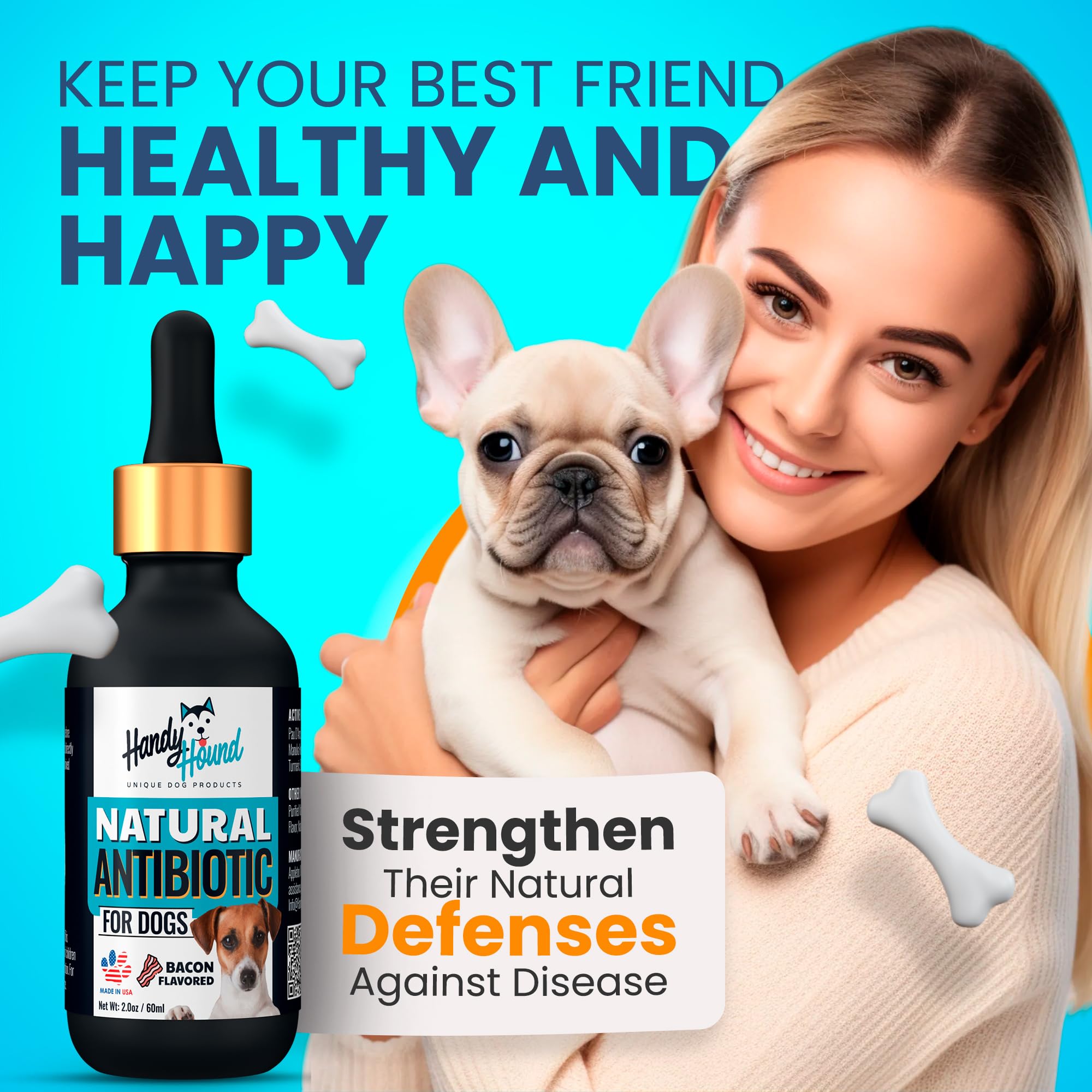 Handy Hound bacon-flavored supplement jar eases itching and skin discomfort.