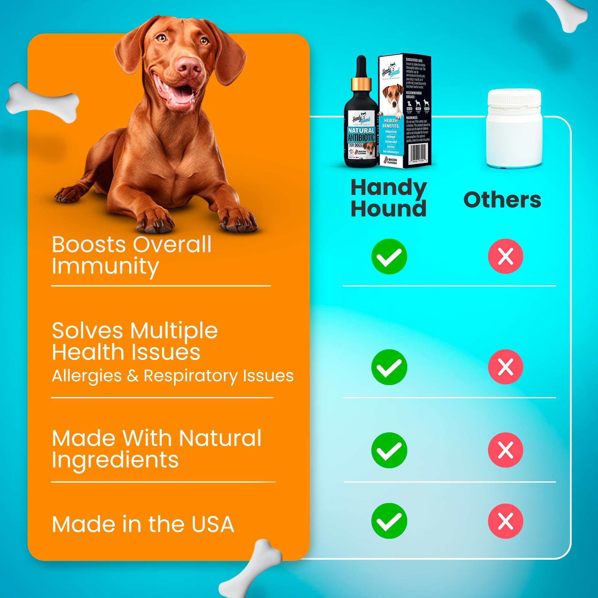 Handy Hound made-in-USA packaging reflects pet-safe, high-quality ingredients.