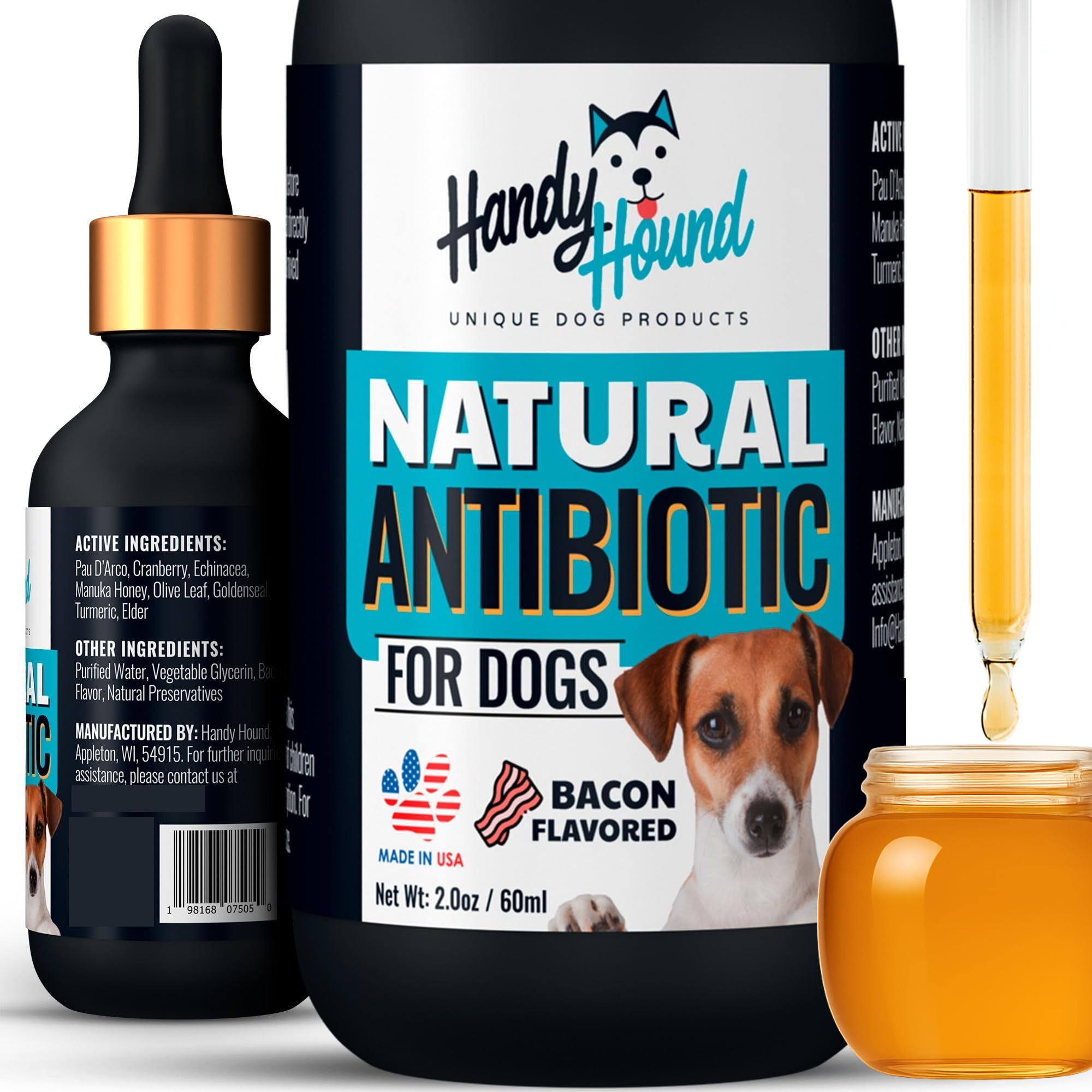 Handy Hound natural antibiotics bottle supports immune health with easy daily dosing.