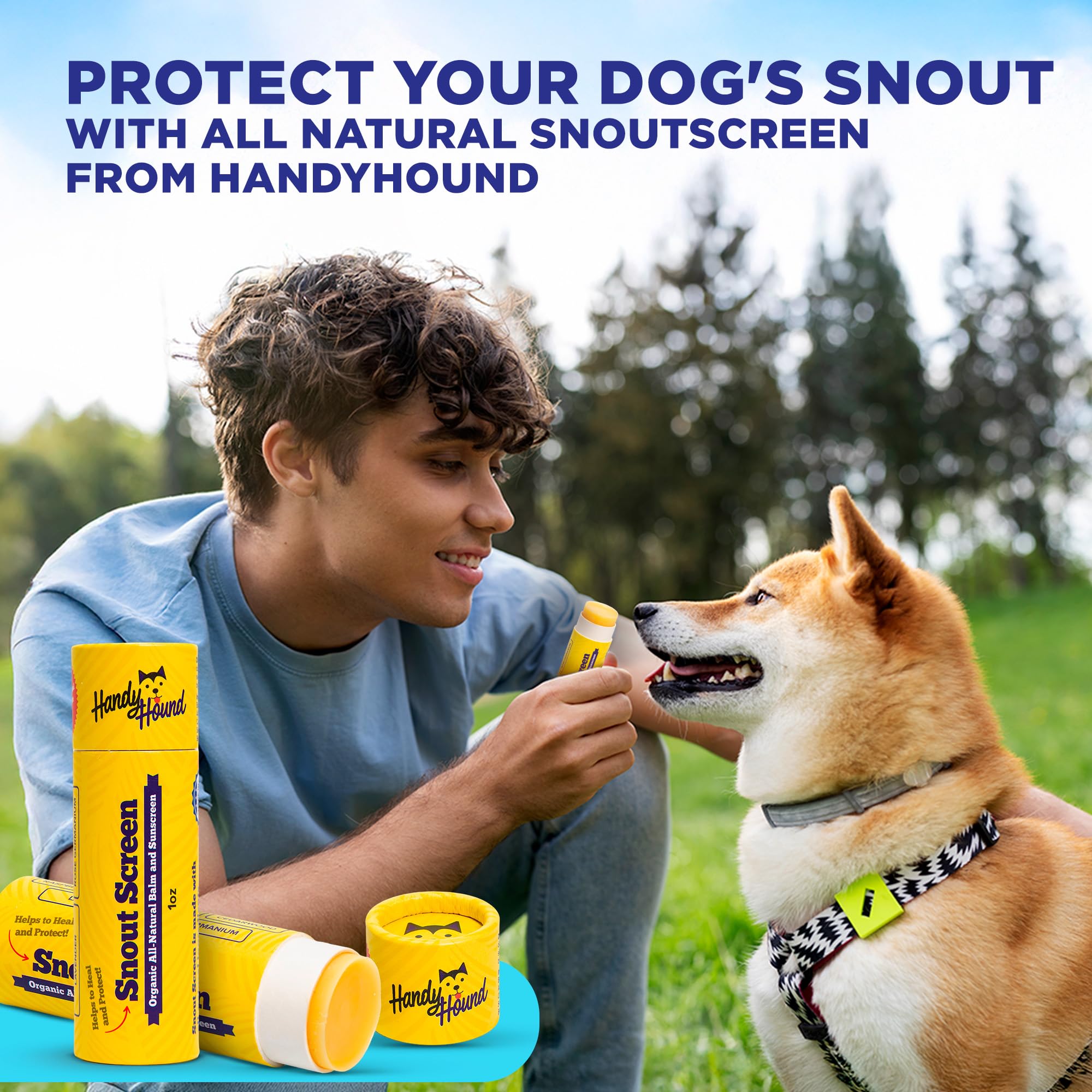 Handy Hound SnoutScreen applied to a dog's nose for quick relief.
