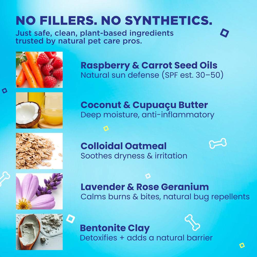 Handy Hound SnoutScreen shows natural ingredients for skin care benefits.