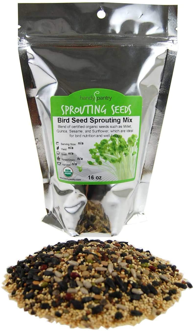 Handy Pantry Organic Birdseed 1lb packaging demonstrates resealable freshness for dry feeding.