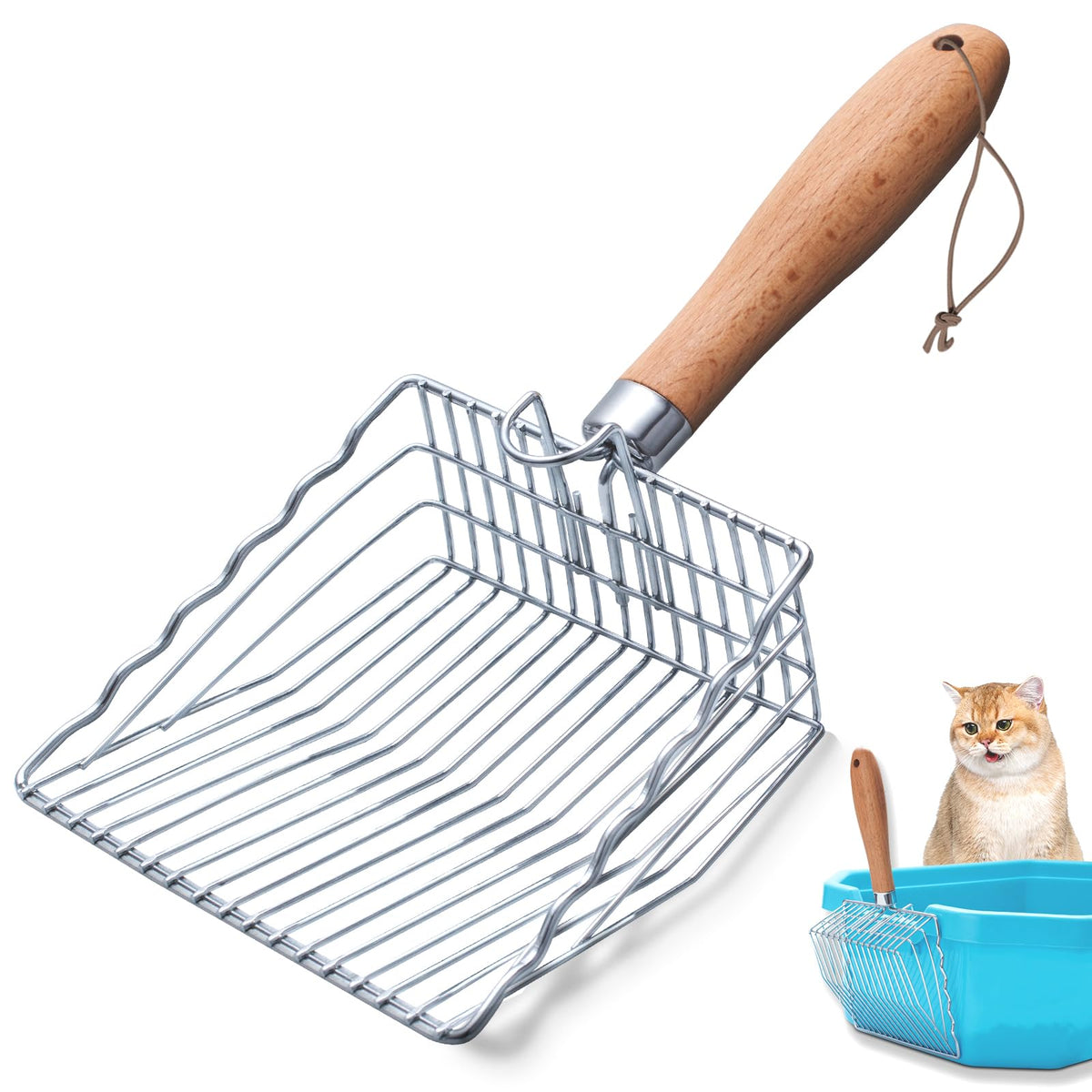 Handzee cat litter scoop with ergonomic wooden handle for comfortable scooping.